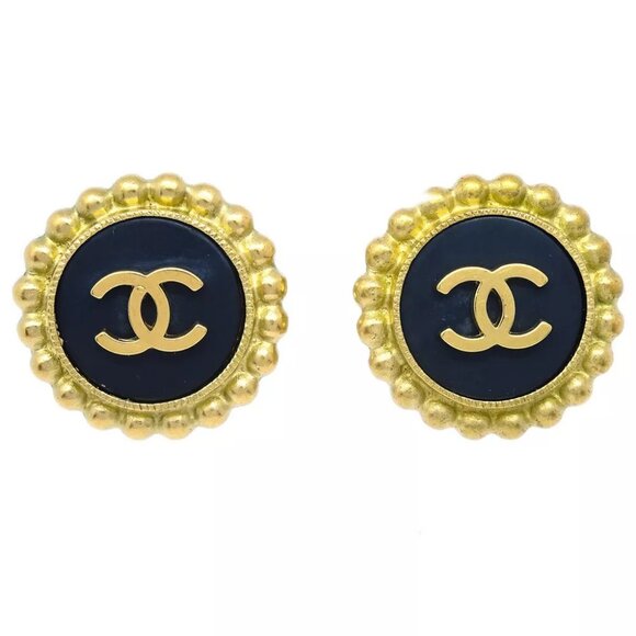 Chanel Gold Black Button Earrings Clip-On 95P - Picture 1 of 4